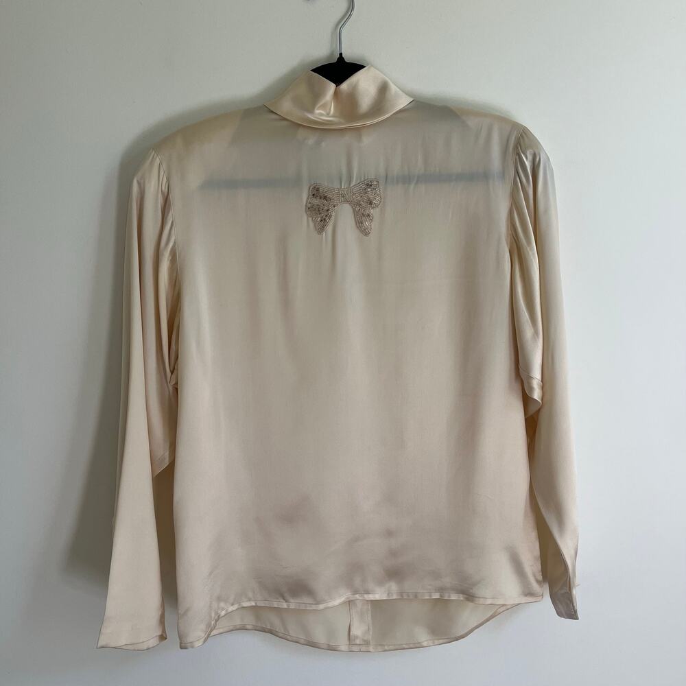 VTG 80s Jones New York Blouse Silk Ivory High Neck Beaded Bow Sz 8